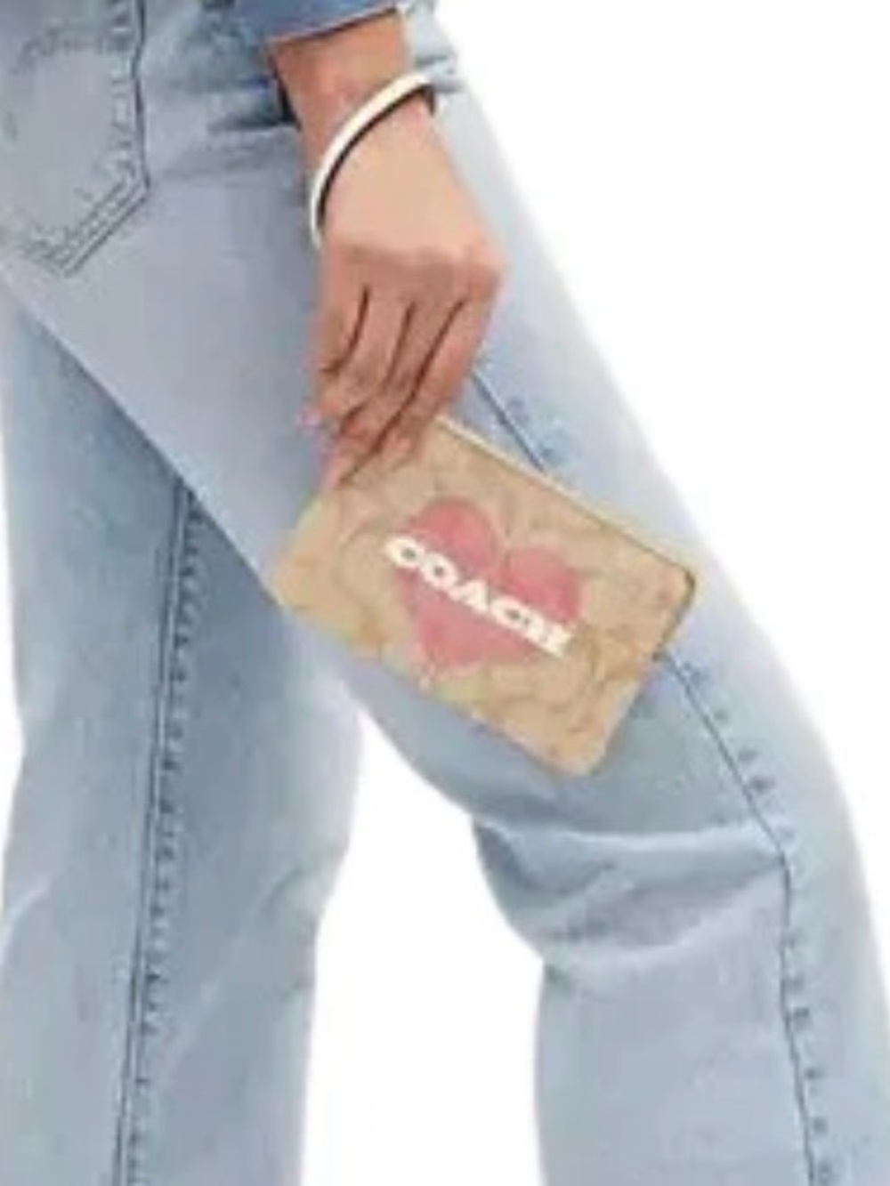 Coach NWOT Pink Heart Corner Zip Wristlet tan canvas and leather 2023 -CP436